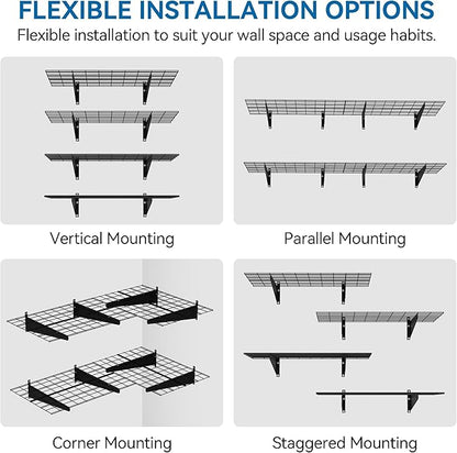 2-Pack 1x6ft Garage Wall Shelving, 12"x72" Shelf Storage Rack Floating Shelves Wall Mounted, Heavy Duty Storage Shelves, 800lbs Load Capacity, with 16 Hooks for Garage Organization, Black