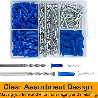 KURUI Wall Anchors and Screws Assortment Kit With Concrete Drill Bit, Conical Wall Anchors for Concrete Drywall, 200PCs Masonry Anchors for Outdoor Hanging, 100 Brick Anchors and 100 Galvanized Screws