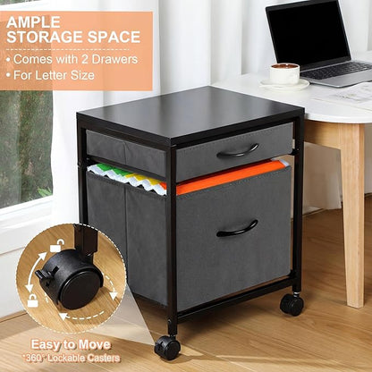 Rolling Mobile File Cabinet Cart with 2 Fabric Drawers A4 Letter Size Beside, Vertical Filing Cabinet on Lockable Wheels, Mobile Printer Stand Storage Under Desk for Home Office(Gray)
