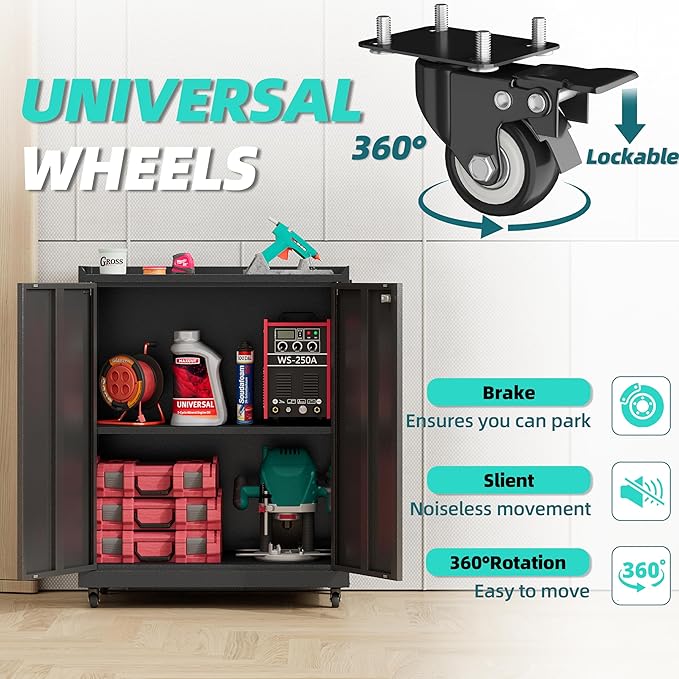 Metal Storage Cabinet with Wheels,34" Rolling Tool Cabinets with Lock&Adjustable Shelves,Locking Utility Cabinet with 1 Door for Garage, Warehouse (Black)