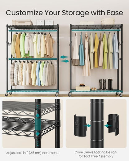 SONGMICS Heavy-Duty Rolling Clothes Rack, Garment Rack, Portable Closet on Wheels, with Adjustable Mesh Shelves and Hanging Rails, Hooks, 15.8 x 43.3 x 78.3 Inches, Ink Black ULGR417BH01