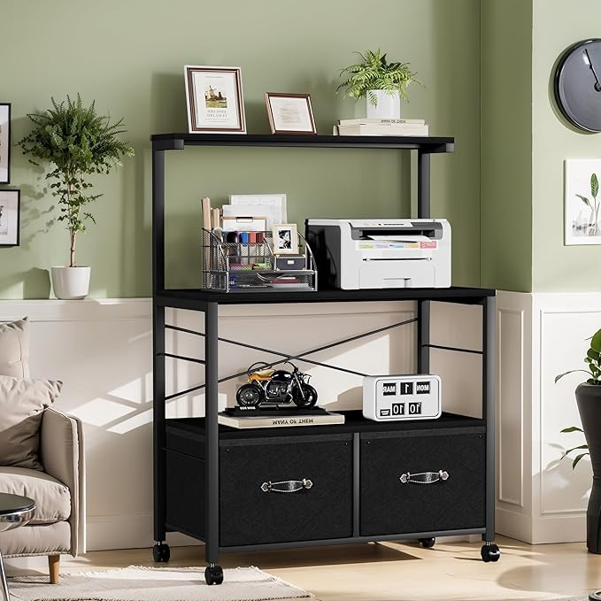 VECELO Large Printer Stand on Brakble Castors, Mobile File Cabinet with 3 Tier Shelf, 2 Drawer Lateral File-Cabinet for Filing Organization, fits Letter Size for Home Office, Black