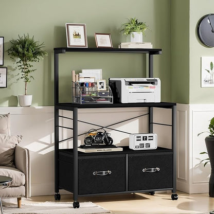 VECELO Large Printer Stand on Brakble Castors, Mobile File Cabinet with 3 Tier Shelf, 2 Drawer Lateral File-Cabinet for Filing Organization, fits Letter Size for Home Office, Black
