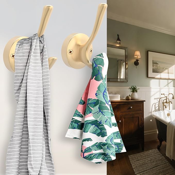 Gold Hat and Coat Hooks, 4 Pack Heavy Duty Coat Robe Hook, Metal Double Backpack Hook Wall Mounted, Towel Hooks for Bathroom Entryway Cubicle Closet Garage
