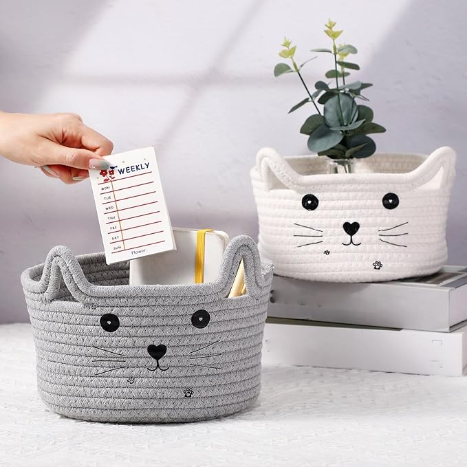 Zopeal Cat Basket Storage Woven Organizer with Ears Easter Decorative Gift Pet Toy Cute Cotton Rope Basket for Gift Cat Dog Toy Bin Nursery Room(8.3 x 4.7 Inch,Light Gray)