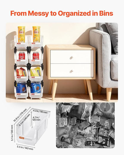 VEVOR Plastic Stackable Storage Bins, 10.9 x 5.5 x 5.1 inch (8 Pack), Plastic Containers for Organizing & Storage Bins for Closet, Garage, Small Parts, Office Supplies, Other Accessories, Transparent