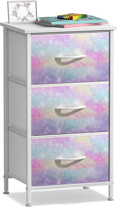 Sorbus Nightstand with 3 Drawers - Bedside Furniture & Accent End Table Chest for Home, Bedroom Accessories, Office, College Dorm, Steel Frame, Wood Top, Pastel Fabric Bins