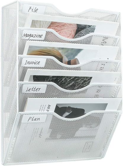 PAG Hanging Wall File Holder Mail Organizer Wall Mount Document Letter Rack, 5-Tier, White