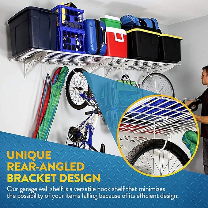 MonsterRax | Garage Wall Shelf Two-Pack White or Hammertone | Three Size Options | Includes Bike Hooks | 500lb Weight Capacity (White, 24"x48")