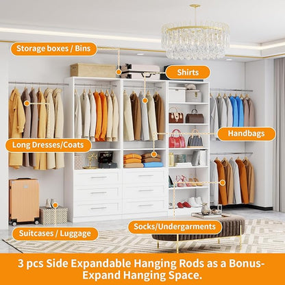 Closet System with 3 Sets, 6FT Closet Organizer Systems with 6 Wooden Drawers 8 Shelves & 4 Hanging Rods, Walk in Closet freestanding Corner Modular Closet Storage System White (6FT)