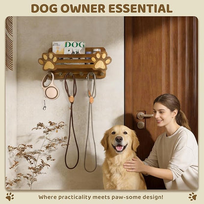 MTERSN Acacia Wood Dog Leash Holder for Wall – Cute Dog Paw Key Holder Wall Mount with Floating Shelf and 6 Hooks, Rustic Mail Organizer for Dog Accessories & Home Decor(Acacia Wood)