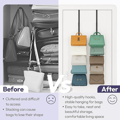 SWTYMIKI Over the Door Purse Organizer - 2 Packs Wall Mounted Purse Rack with 5 Hooks Design, Hanging Handbag Organizer Storage Holds up to 10 Bags, Bag Rack for Closet, Door (Black)