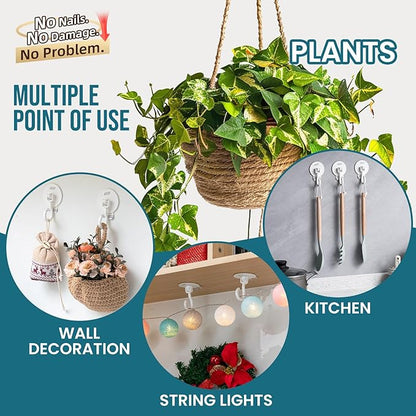 TAILI Adhesive Removable Wall & Ceiling Hooks for Hanging Plants, Heavy Duty No-Drill 360° Swivel Adjustable Sticky Wall Hooks Hanging Decor Lights Garland for Door Kitchen, Renter Friendly - 4 Pack