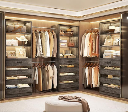 Aheaplus Closet System with 12 Drawers, 8.5-11.5Ft Wood Closet Organizer System with 4 Hanging Rods & 3 Towers, 4Ft & 6Ft L-Shaped Walk-in Closets Wardrobe Organizer Clothes Rack, Set of 3, Black Oak