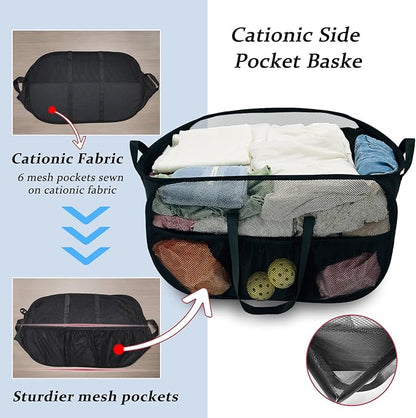 100L Extra Large Mesh Pop Up Hamper with Handles and bag, Upgraded Cationic XL Collapsible Laundry Baskets, Portable Stair Basket, Dirty Clothes Hamper for Cruise Travel Bedroom. Black
