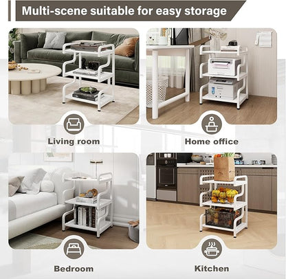 Natwind 3-Tier Printer Stand with Wheels Movable Storage Cart Floor-Standing Multi-Purpose Shelf Rack for Media Player Scanner Files Books Microwave Oven in Kitchen Living Room Home Office (White)