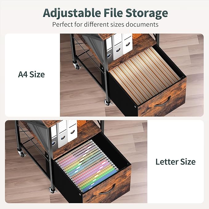 1 Drawer File Cabinet, Vertical Filing Cabinets for Home Office, Drawer with Adjustable Hanging Rail, A4/Letter Size Hanging File Folders, Open Shelf, Mobile Under Desk Storage, Rustic Brown