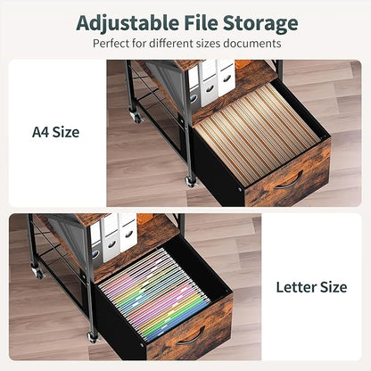 1 Drawer File Cabinet, Vertical Filing Cabinets for Home Office, Drawer with Adjustable Hanging Rail, A4/Letter Size Hanging File Folders, Open Shelf, Mobile Under Desk Storage, Rustic Brown