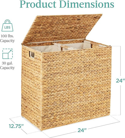 Best Choice Products Large Double Laundry Hamper with Lid, Natural Handwoven Water Hyacinth, 2 Sections w/ 2 Machine Washable Linen Liner Bags, Portable, Handles - Natural
