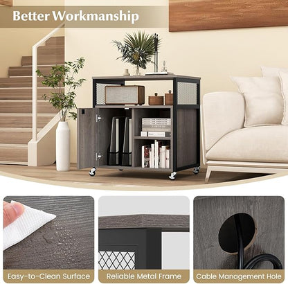 Giantex File Cabinet, Lateral Filing Cabinet with Lock, Wheels, Charging Station, Cable Hole, Lockable Side Cabinet, Adjustable Shelves, Metal Frame, Printer Stand for Home Office Small Space (Grey)