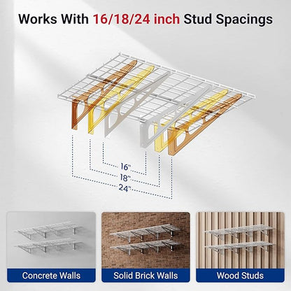FLEXIMOUNTS 2-Pack 2x6ft Garage Shelving 24-inch-by-72-inch Heavy Duty Wall Mounted Shelves Garage Storage Rack Floating Shelves, 1400lbs Load Capacity, White, Classic Series