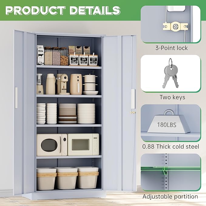 INTERGREAT Metal Storage Cabinet, 72" H Lockable Steel Cabinets with Locking Doors, Storage Locker with Adjustable Shelves for Office, Home, Garage, Gym, School (Cement Grey)