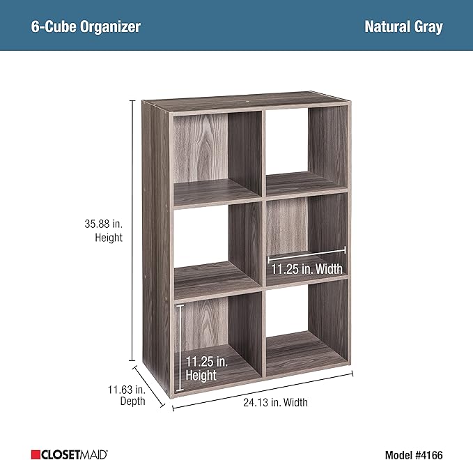 ClosetMaid Cubeicals 6 Cube Storage Shelf Organizer Bookshelf - Vertical & Horizontal Options, Easy Assembly - Natural Gray Wood Finish