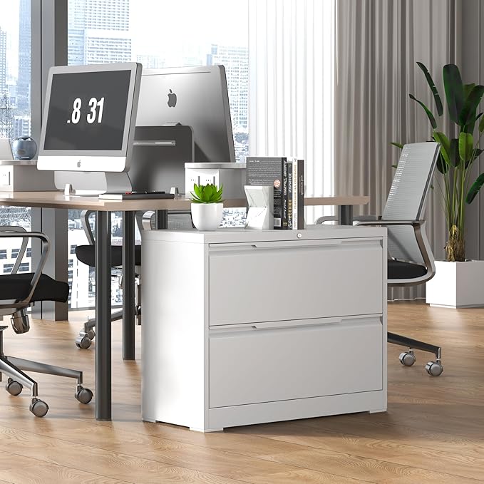 Lateral File Cabinet 2 Drawer, Metal File Cabinet with Lock, Wide Filing Cabinets for Home Office, White Locking Deep Drawer for Hanging Files Letter/Legal/A4/F4 Size, Printer Stand, Assembly Required