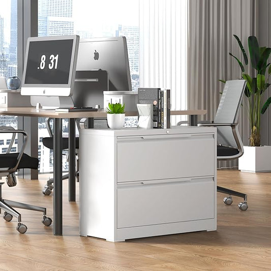 Lateral File Cabinet 2 Drawer, Metal File Cabinet with Lock, Wide Filing Cabinets for Home Office, White Locking Deep Drawer for Hanging Files Letter/Legal/A4/F4 Size, Printer Stand, Assembly Required