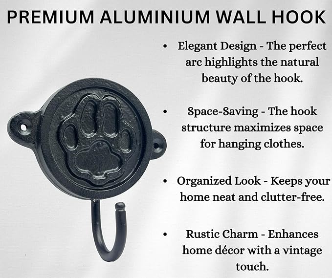 Aluminium Paw Print (1-Pack) Single Wall Hooks, Black Dog Themed Hooks for Hanging Leash, Dog Harness, Wall Mount Hanger, Organization Decorative Wall Hook