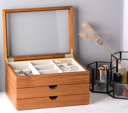 Jewelry Box with Glass Lid, 3 Layer Jewelry Organizer for Women, Solid Wooden Jewelry Box Display for Ring Earrings Necklace Bracelet, Pine Wood Jewelry Boxes Vintage Style for Gifts
