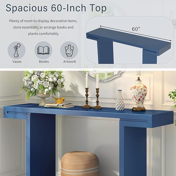 60" Large Console Table with Geometric Clean Lines Design,Stylish Entryway Table with Painted Finish and Adjustable Feet,Suitable for Living Room,Entryway,Navy Blue
