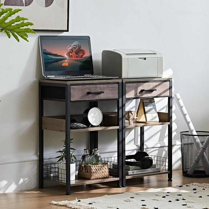 Lerliuo Grey Printer Stand with Fabric Drawer, 3 Tier Industrial Side Table, Modern Small Printer Desk Holder with Storage Shelf,Multi-Functional Bedside Tables for Home Office Fax Machine Scanner