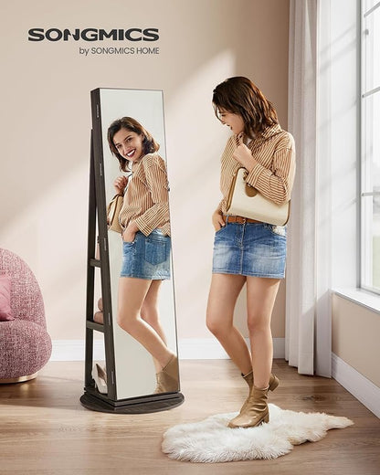 SONGMICS 6 LEDs Lockable Mirror Jewelry Cabinet, 360° Swivel Jewelry Organizer Armoire Standing, Frameless Full-Length Mirror, 3 Storage Shelves, Ash Brown Surface, Black Lining UJJC007K02