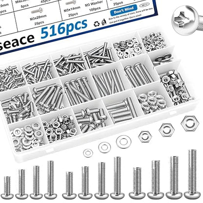 smseace 516Pcs Nuts and Bolts Assortment Kit 21-Sizes M3/M4/M5/M6 Nut Bolt Washer Assortment Kit for Machinery, Furniture, Automotive, Motorcycle Repairs