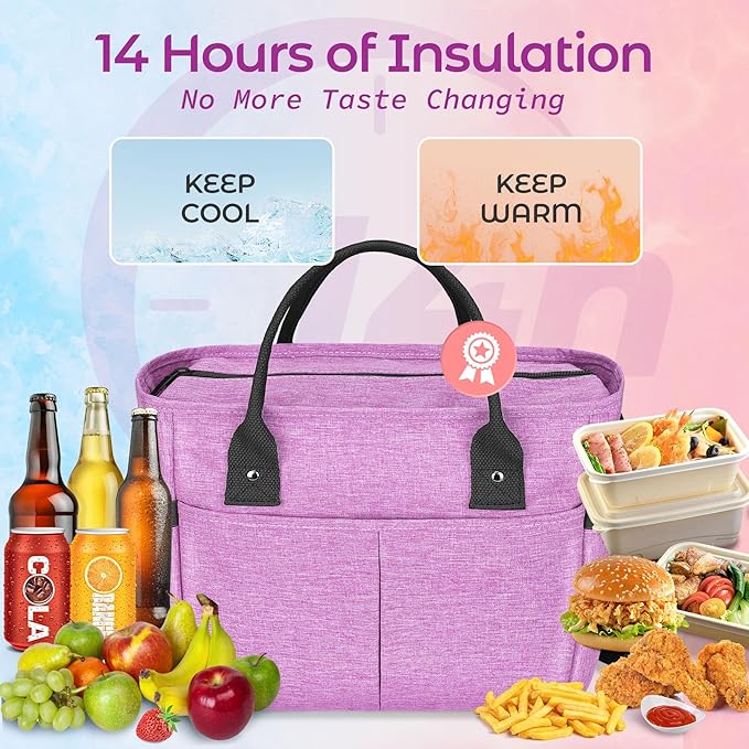 KIPBELIF Cute&Classy Roomy Insulated Lunch Bags for Women - Stylish & Functional Large Tote Adult Lunch Box for Working & Picnic(Extra Large,Purple)