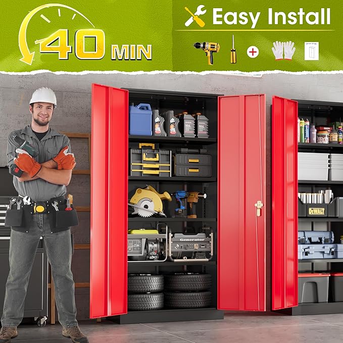 Greenvelly Metal Lockable Storage Cabinet, 72” Tall Storage Cabinet with 2 Doors and 4 Adjustable Shelves for Office, Home, Garage, Pantry (Assembly Required, 18”D, Black Red)