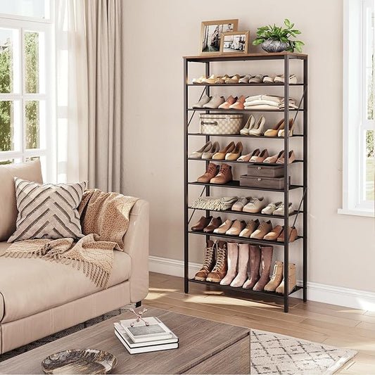 10-Tier Shoe Rack, Shoe Organizer for Entryway, Large Capacity Shoe Shelf, for 36-40 Pairs of Shoes, Stable Sturdy, Shoe Storage with 9 Metal Mesh Shelves, Rustic Brown SRHR1101Z