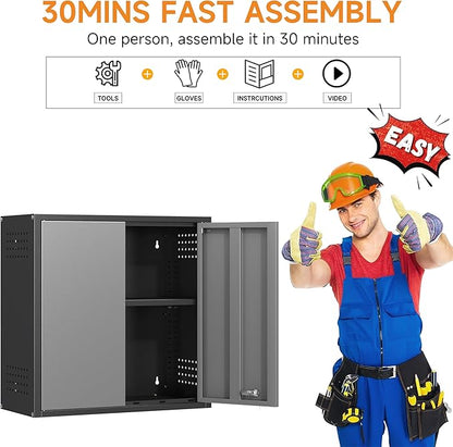 Metal Garage Wall Cabinet with 2 Doors and 1 Adjustable Shelf,Lockable Floating Tool Cabinet with Pegboard,Steel Storage Cabinet for Kitchen,Office,Garage,Laundry,Warehouse(Black&Gray, 26"H)