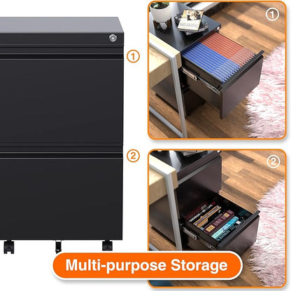Aobabo 2 Drawer File Cabinet with Lock, Pre-Assembled Mobile Filing Cabinet Under Desk, Anti-Tilt Rolling Metal Office Storage for Letter and Legal Size, Black