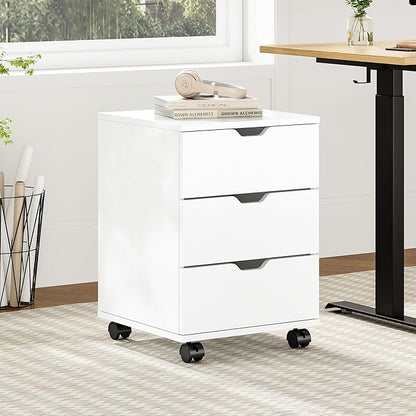 Farini 3-Drawer Under Desk Wooden File Cabinet with Lockable Caster Storage Cabinets for Home Office,White,Required Assembly