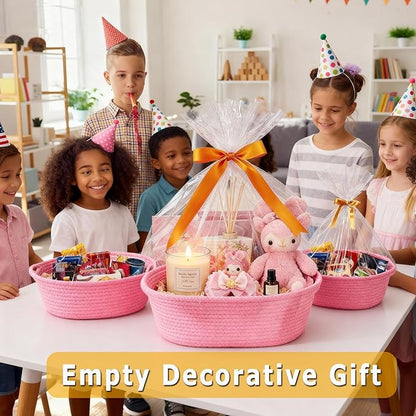 Christmas Baskets for Gifts Empty, Small Woven Basket with Gift Bags & Ribbons, Empty Gift Baskets for Thanksgiving Baby Shower, Cute Nursery Storage Organizer Pet Toy Box 12"X 8" X 5 (Pink, 2 Pack)