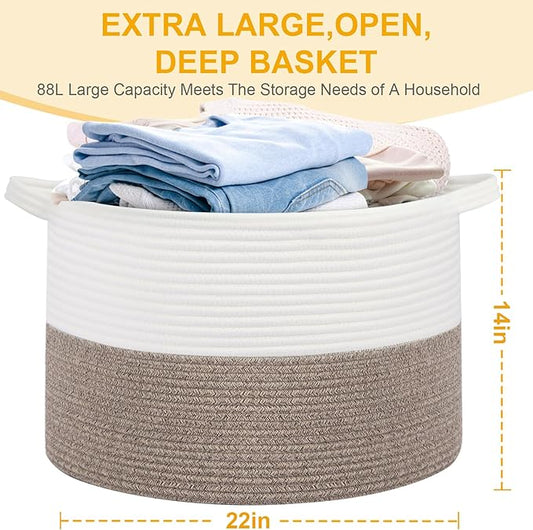 Large Laundry Basket 22''x14''Woven Cotton Rope Baby Blanket Basket for Living Room Girl Laundry Hamper Toy storage Baby basket Nursery Hamper Storage Bin (White+Brown)