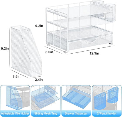 gianotter Desk Organizers and Accessories with File Holder, 4-Tier Desk Accessories & Workspace Organizers with Drawer and 2 Pen Holder, Paper Organizer for Office Supplies (White)