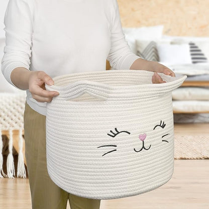 LotFancy Cat Toy Organizer, Cotton Rope Animal Basket with Handle, Cat Toys Storage Bin for Pets, Cute Woven Containers Holder for Playing Room, Kids Bedroom, 15.7x13''(H)