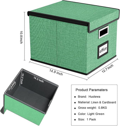 Huolewa File Organizer Box with Lid, Collapsible File Folder Organizer for Office Document Storage, Filing Box with Plastic Slide for Letter Size Hanging File Folders(1 Pack, Light Green)