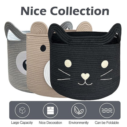 VK VK·LIVING Large Cat Toy Basket with Handles 15" Lx14 H Cotton Rope Toy Box with Black Cat Design, Gift Basket for Laundry, Baby, Towels, Blankets, Woven Cotton Rope Animal Storage Organizer