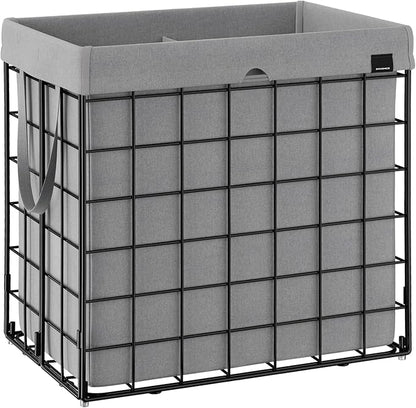SONGMICS Laundry Hamper, 34.3 Gal. (130L) Laundry Basket, Collapsible Clothes Hamper, Removable and Washable Liner, Metal Wire Frame, for Bedroom Bathroom, Black and Gray ULCB113G01