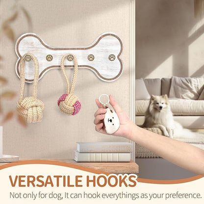 MTERSN Rustic Farmhouse Dog Leash Holder for Wall - Decorative Key Hooks Wall Mount with Bone Shape and Coat Hanger for Entryway - Pets Accessories Storage for Dog Lover Gifts (Distressed White)