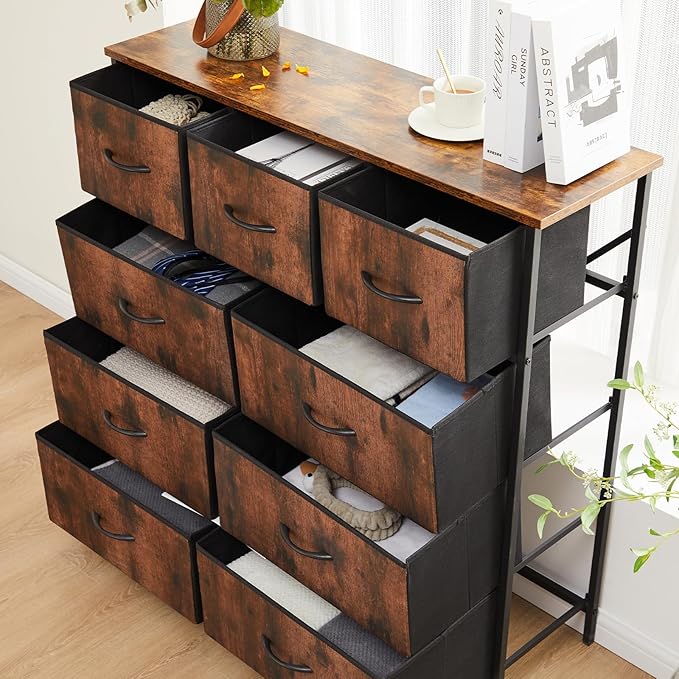 DUMOS Dresser for Bedroom, Storage Organizer with 9 Drawers, Chest of Drawers with Fabric Bins, Sturdy Metal Frame, Wood Tabletop for Guest Room, Closet, Entryway, Brown